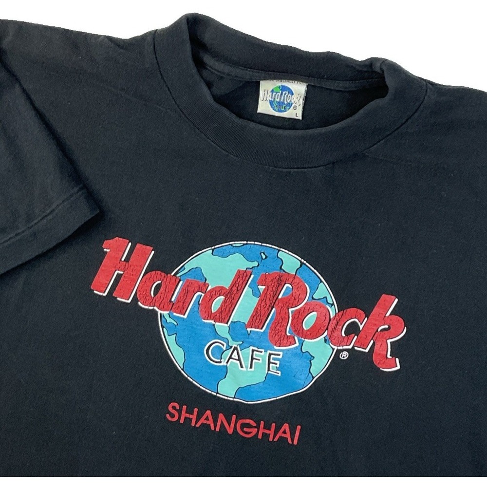Hard Rock Cafe Shanghai T-Shirt Globe Graphic Logo 90s Sz L Short Sleeve Vintage